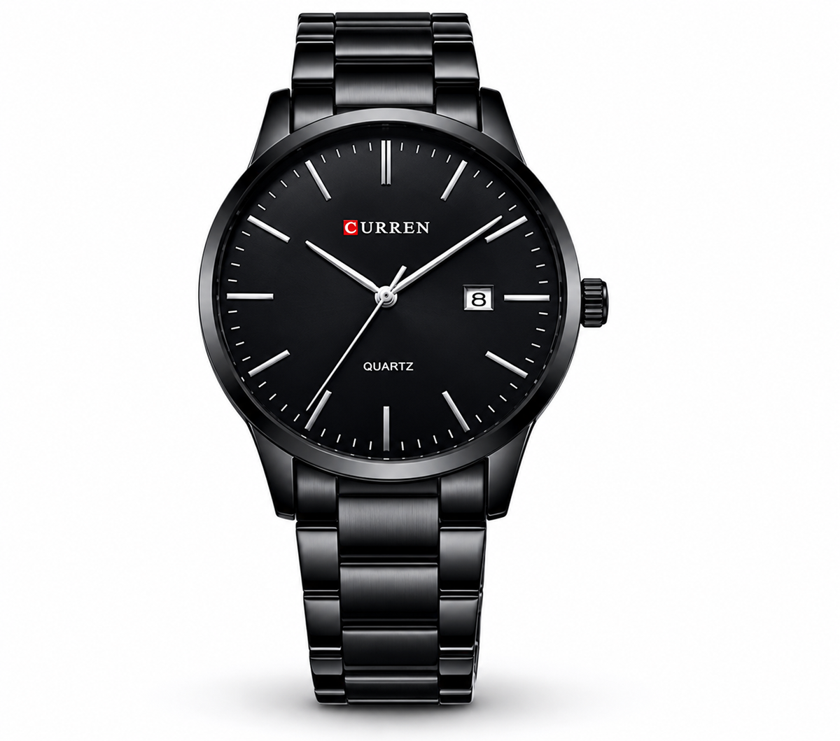 men's black stainless steel analog watch with quartz movement, minimalist black dial, and stainless steel bracelet for casual, business, and everyday wear.